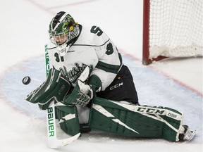 University of Saskatchewan goalie Taran Kozun, shown here in earlier action this season, scored his first-ever goal and recorded a second straight shutout in a 3-0 win over the Calgary Dinos on Saturday.