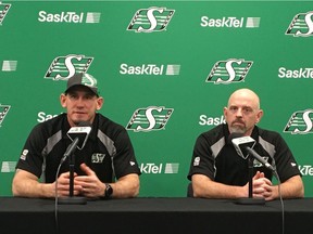 Offensive co-ordinator Jason Maas (left) is one of four new coaches added to the Saskatchewan Roughriders' coaching staff by head coach Craig Dickenson (right) for the 2020 season.