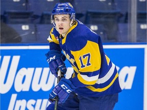 Saskatoon Blades forward Eric Florchuk moves the puck against the Kamloops Blazers in 1st period WHL action at SaskTel Centre in Saskatoon, SK on Friday, December 13, 2019.