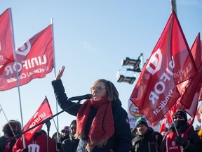 Lana Payne, national secretary treasurer for Unifor, speaks during a Unifor rally being held outside the Co-op Refinery Complex on Fleet Street in Regina, saskatchewan on Jan. 7, 2020.