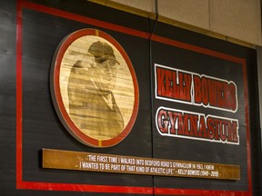 A newly-made memorial for Kelly Bowers hangs in the Bedford Road gym.
