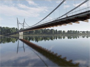 This conceptual drawing shows a suspension bridge for pedestrians and cyclists across the South Saskatchewan River to connect northeast residential areas in Saskatoon to the north industrial area. The bridge  would be built along with a sewer pipe. (City of Saskatoon)