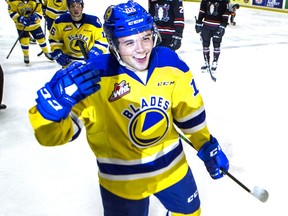 Saskatoon Blades forward Tristen Robins celebrates a goal against the Red Deer Rebels in Western Hockey League during the 1st period action at SaskTel Centre in Saskatoon on Wednesday, January 8, 2020.