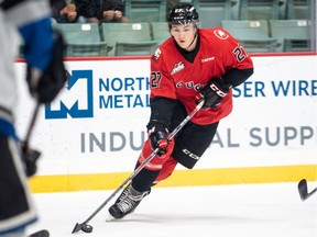 The Saskatoon Blades have acquired 2001-born defenceman Rhett Rhinehart and a 2020 third-round draft pick from the Prince George Cougars in exchange for Majid Kaddoura, a 2020 first-round draft pick and the rights to unsigned 2003-born prospect Jayden Watson. (WHL PHOTO/Brett Cullen)