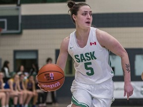 University of Saskatchewan guard Sabine Dukate dribbles the ball against the University of Victoria Vikes in U Sports women's basketball action at the PAC on the U of S campus in Saskatoon on Friday, January 10, 2020.