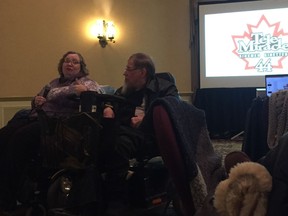 Cathleen Adolph becomes emotional talking about the impact funding from Telemiracle has had on her and her husband Daryl's lives at the Telemiracle 44 Kick Off.