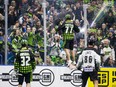 Saskatchewan Rush forward Jeff Shattler celebrates a goal against the Colorado Mammoth in National Lacrosse League action Saturday in Saskatoon.