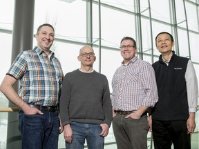 U of S researchers Darryl Falzarano; Robert Brownlie; Volker Gerdts and Qiang Liu began work on a COVID-19 vaccine in January 2020, when this photo was taken.