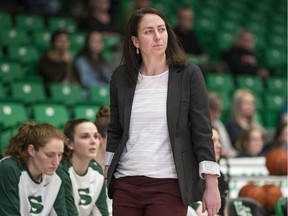 SASKATOON,SK--JANUARY 31/2020-0128 standalone huskies- University of Saskatchewan Huskies assistant coach Claire Meadows, who is currently acting as head coach, as her team takes on the University of British Columbia Okanagan Heat in U Sport Women's basketball action at the PAC on the U of S campus in Saskatoon, SK on Friday, January 31, 2020. U of S Huskies head coach Lisa Thomaidis, not pictured, is away at an Olympic qualifying tournament.