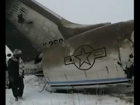 A still image from a video that reportedly shows a downed U.S. air force E-11.