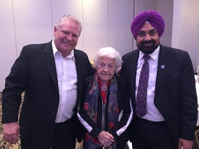 Ontario Progressive Conservative candidate Harjit Jaswal, right, with Premier Doug Ford and former Mississauga, Ont., mayor Hazel McCallion. A report from Ontario’s Office of the Independent Police Review Director says supporters of Jaswal used leaked police documents to smear party rival Nick Gahunia, who was disqualified as a potential PC candidate.