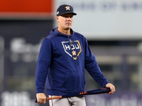 Major League Baseball suspended Astros manager AJ Hinch, pictured, and general manager Jeff Luhnow for the 2020 season for stealing signs in 2017.