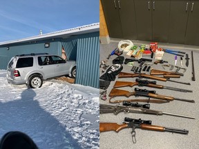 A female lost control of the grey SUV on the left, which crashed into the Makwa gas station. A subsequent search of the SUV resulted in the seizure of bolt cutters, multiple knives, a machete, six rifles, three semi-automatic handguns with five loaded magazines, bags of ammunition, a revolver, a black ski mask and leather gloves. Photo supplied by Loon Lake RCMP