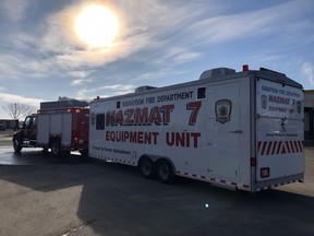 The Saskatoon Fire Department's hazardous materials disposal unit responds to a report of a suspicious package at the Canada Post depot in Saskatoon's North Industrial area on Feb. 25, 2020.