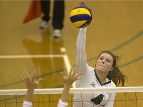 U of S Huskies' Taylor Annala, shown here spiking the ball in this file photo, is headed to the Canada West playoffs for the first time during her six-year stint with the program.