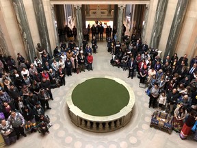 People gather in the rotunda of the Saskatchewan Legislative building for an apology from Sask. Premier Scott Moe for the province's role in the Sixties Scoop. Troy Fleece/Regina Leader-Post