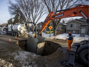 Damage from a water main break resulted in a large sinkhole on the northbound Ruth Street freeway exit in Saskatoon, SK. on Monday, Jan. 14, 2019.
