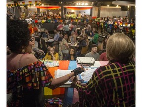 Drag Queens China White, right, and Iona Whipp lead Drag Bingo an event to celebrate pride at Louis' Pub on the University of Saskatchewan campus in Saskatoon on June 19, 2019. Saskatoon StarPhoenix / Liam Richards