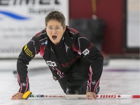 Saskatoon's Sherry Anderson, shown at the Colonial Square Ladies Curling Classic earlier this season, is trying for a fifth straight provincial seniors title this week.