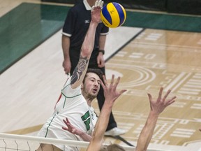 University of Saskatchewan Huskies middle Daulton Sinoski hits the ball against the MacEwan University Griffins in U Sports Men's Volleyball action at the PAC on the U of S campus in Saskatoon on Saturday, January 4, 2020.