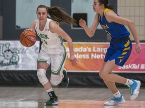 University of Saskatchewan guard Libby Epoch dribbles the ball up court against the University Of Victoria Vikes in U Sports women's basketball action at the PAC on the U of S campus in Saskatoon on Friday, January 10, 2020.