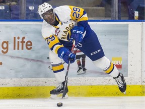 Saskatoon Blades forward Caiden Daley moves the puck against the Lethbridge Hurricanes during WHL action at SaskTel Centre in Saskatoon.