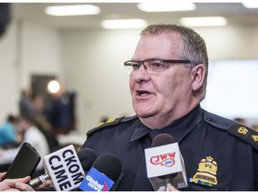 Supt. Randy Huisman speaks with media after the Safe Community Action Alliance released its 29 strategic actions to address crystal meth to community leaders and emergency services representatives in Saskatoon on Monday, Feb. 3, 2020.