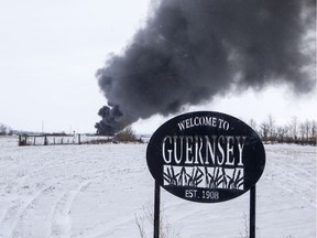 The Hamlet of Guernsey was evacuated following a train derailment on Highway 16 on Feb. 6, 2020 (Liam Richards / Saskatoon StarPhoenix)
