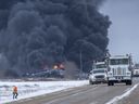 Le hameau de Guernesey a été évacué à la suite d'un déraillement de train sur l'autoroute 16 le 6 février 2020 (Liam Richards / Saskatoon StarPhoenix)