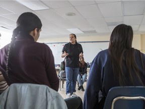 Teacher TJ Warren speaks during a Indigenous Ensemble class, a program that gives students at the Saskatoon Public School Division's collegiates the opportunity to learn more about Indigenous culture and performance, at Nutana Collegiate in Saskatoon, SK on Friday, February 7, 2020.