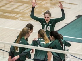 The University of Saskatchewan huskies celebrate against the University of Alberta Pandas during Canada West womenÕs volleyball at the PAC on the U of S campus in Saskatoon, SK on Saturday, February 8, 2020.