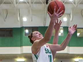 University of Saskatchewan Huskies forward Summer Masikewich lays up the ball against the University of Victoria Vikes during Canada West women's basketball quarter-final playoff action at the PAC on the U of S campus in Saskatoon on Thursday, February 20, 2020.