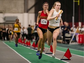 Huskies Leadan Chartier competes in the women's 4x400 meter relay during the 2020 Canada West track and field championships at the Field House on the U of S campus on Saturday, Feb. 22, 2020 in Saskatoon. The U of S women's relay team would go on to win gold and set a new Canada West conference record time.