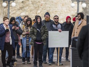 Students hold a rally in front of the Administration building on the University of Saskatchewan campus criticizing rising tuition, cuts in the provincial budget for post-secondary education, and student loan interest. Photo taken in Saskatoon, SK on Thursday, February 27, 2020.