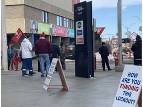 SASKATOON, SK--FEBRUARY 29/2020 - 0302 news unifor picket - Unifor Local 594 members, locked out of the Co-op refinery in Regina because of contract negotiations, picket outside of the the annual meeting of Federated Co-operatives Limited at TCU Place in Saskatoon, SK on Saturday, February 29, 2020.