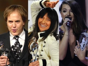 (From left) Jon Ballantyne, Buffy Sainte-Marie and Jess Moskaluke pictured with their Juno Awards in 2007, 2009 and 2017, respectively.