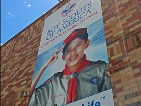 A sign hangs on the outside of the headquarters of the Utah National Park Council of the Boy Scouts of America on May 9, 2018 in Orem, Utah. (George Frey/Getty Images)