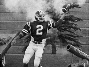The Saskatchewan Roughriders' Greg Fieger celebrates a touchdown at Taylor Field on Sept. 6, 1981. Fieger played for 1981 Roughriders team that missed the playoffs despite posting a 9-7 record.