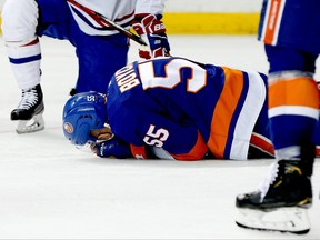 New York Islanders defenseman Johnny Boychuk lies on the ice after being injured against the Montreal Canadiens during the third period at Barclays Center in Brooklyn, New York, March 3, 2020. (Andy Marlin-USA TODAY Sports/File Photo)
