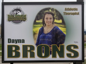 A sign honouring Dayna Brons sits along the boulevard on the road to Elgar Petersen Arena prior to the Humboldt Broncos 2018-19 home opener.