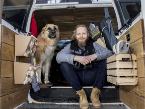 Jesse Boldt, a local MMA fighter, podcaster, social influencer and van-lifer with his dog Layla  at Rotary Park in Saskatoon, SK on Thursday, November 7, 2019.