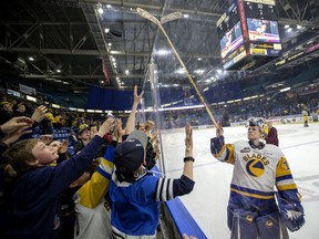 Saskatoon Blades goalie Nolan Maier gives a stick out to the fans after he was awarded the No. 1 star following a WHL game against the Prince Albert Raiders at SaskTel Centre. (Saskatoon StarPhoenix/Liam Richards)