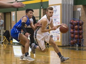 Clavet Cougars' Dawson Klinger moves the ball against the Ed Feehan Trojans during the Bowlt Classic in Saskatoon.