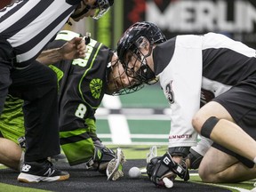 Saskatchewan Rush defender Mike Messenger takes a face off against the Colorado Mammoth in NLL action on Feb. 8.