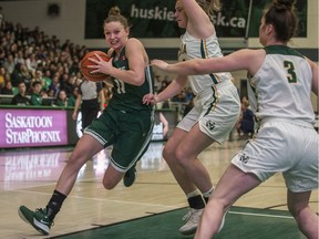University of Saskatchewan Huskies forward Summer Masikewich moves the ball against the University of Alberta Pandas in the Canada West women's basketball conference final at the PAC on the U of S campus in Saskatoon on Friday, February 28, 2020.