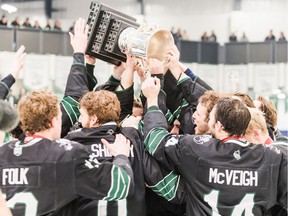 The University of Saskatchewan Huskies ]celebrates a Canada West men's hockey championship win over the UBC Thunderbirds at Merlis Belsher Arena on the U of S Campus on Saturday, February 29th, 2020 in Saskatoon. Final Score: Huskies 3, UBC 1.