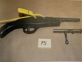 Court exhibit photo of the sawed-off .22 rifle Brandin Cole Brick is accused of using to shoot James Chaisson. Brick is charged with first-degree murder in relation to Chaisson's Feb. 14, 2018 death.