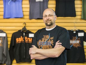 MEE SPORTS Sales Manager Brent Peacock pictured at a blow-out sale on official JUNOs merchandise; Peacock is trying to try and get rid of his stock after the Junos were cancelled