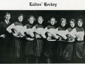 Ginger Catherwood, third from left, was a scoring sensation for the University of Saskatchewan women's hockey team  (UNIVERSITY OF SASKATCHEWAN ARCHIVES AND SPECIAL COLLECTIONS) (for Saskatoon StarPhoenix Waiser column, March 2020)