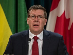 Saskatchewan Premier Scott Moe speaks to reporters at a media conference regarding the province's response to COVID-19 at the Saskatchewan Legislative Building in Regina, Saskatchewan on Mar. 18, 2020.